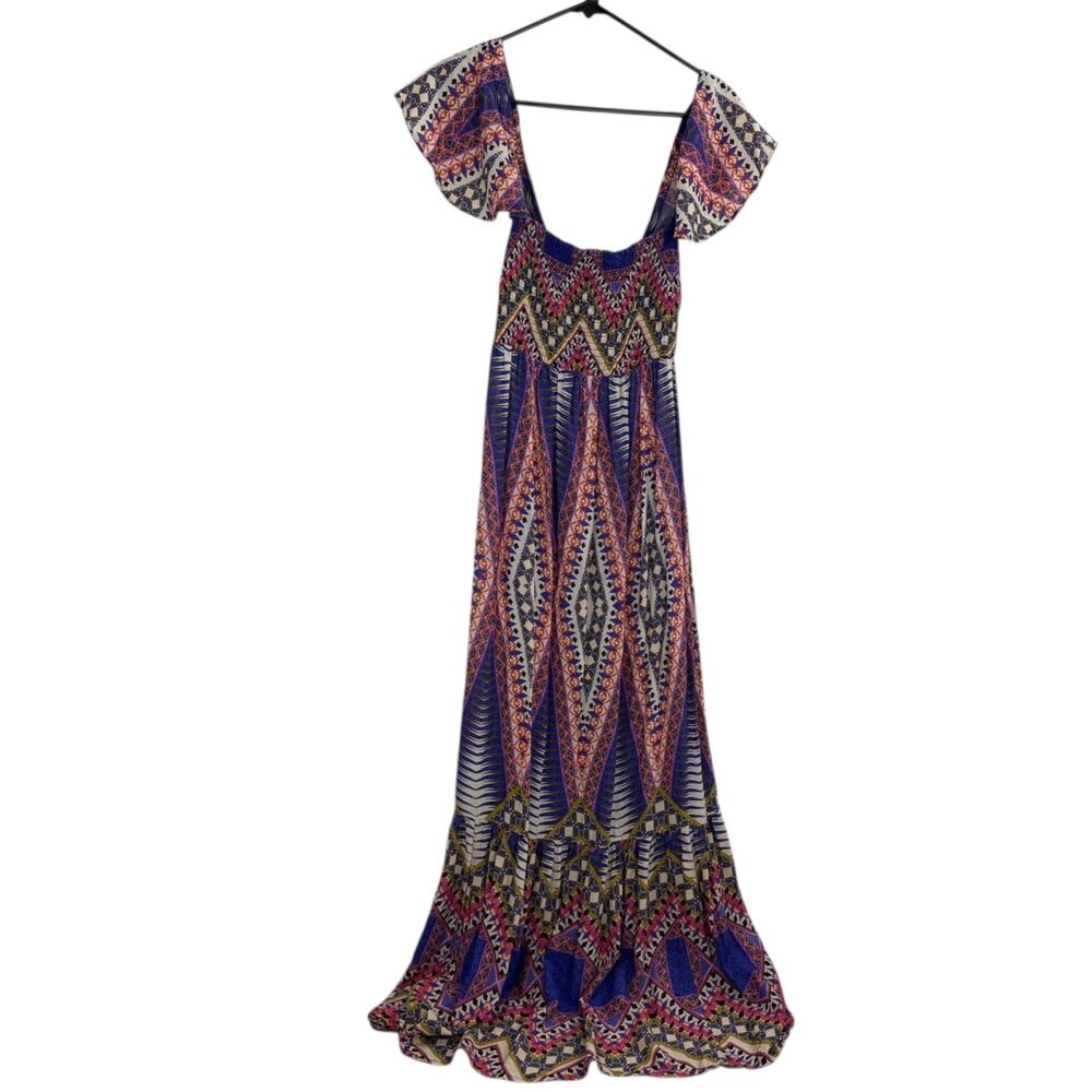 Anthropologie Ruffled Maxi Dress Womens XS Multi Zig Zag Boho Smocked Bust Flowy